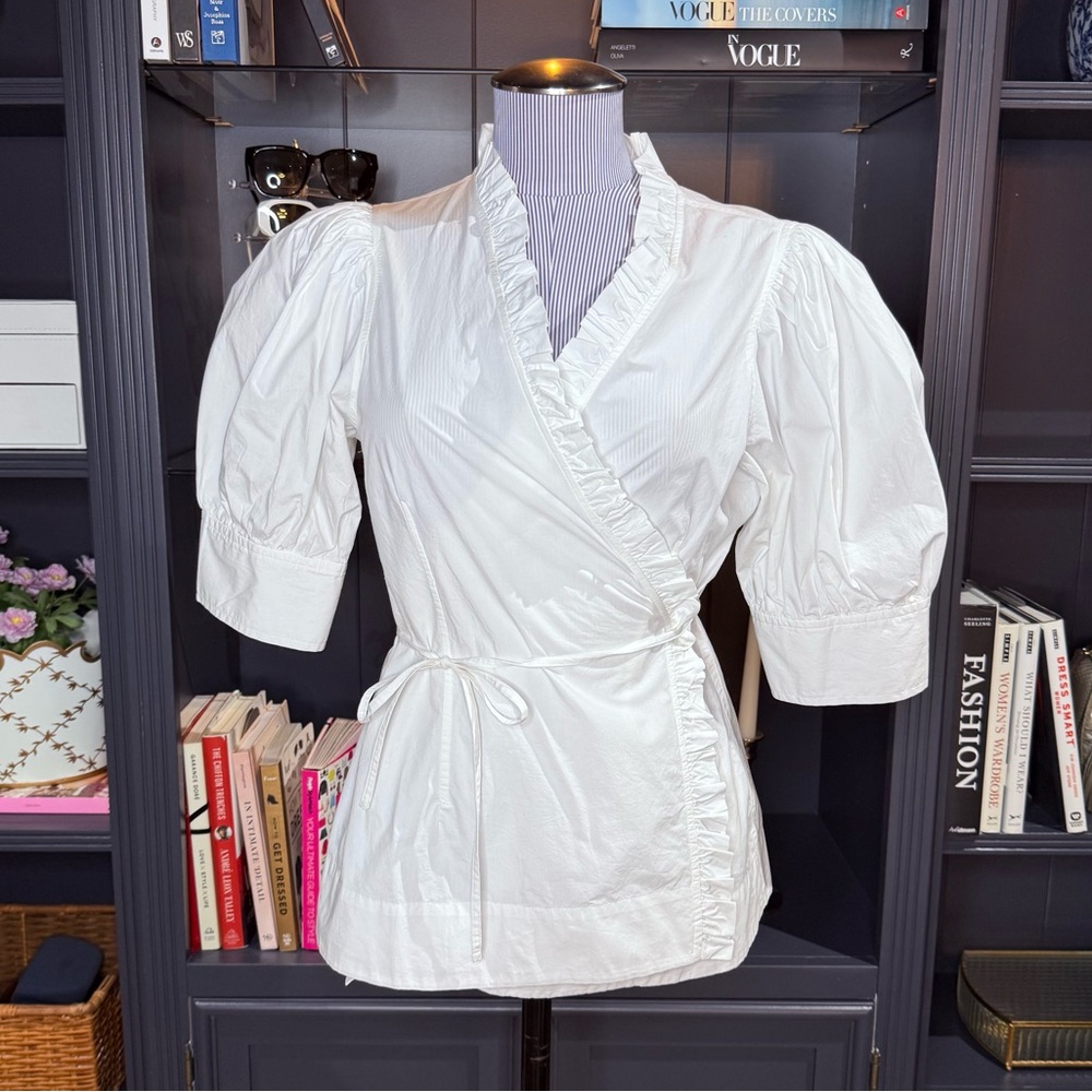 Ganni White Ruffle Wrap Shirt – Size 8/10